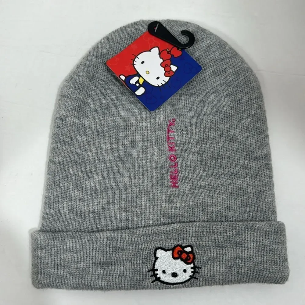 Hello Kitty Sanrio Gray Pink Knit Embroidered Beanie Hat Cap